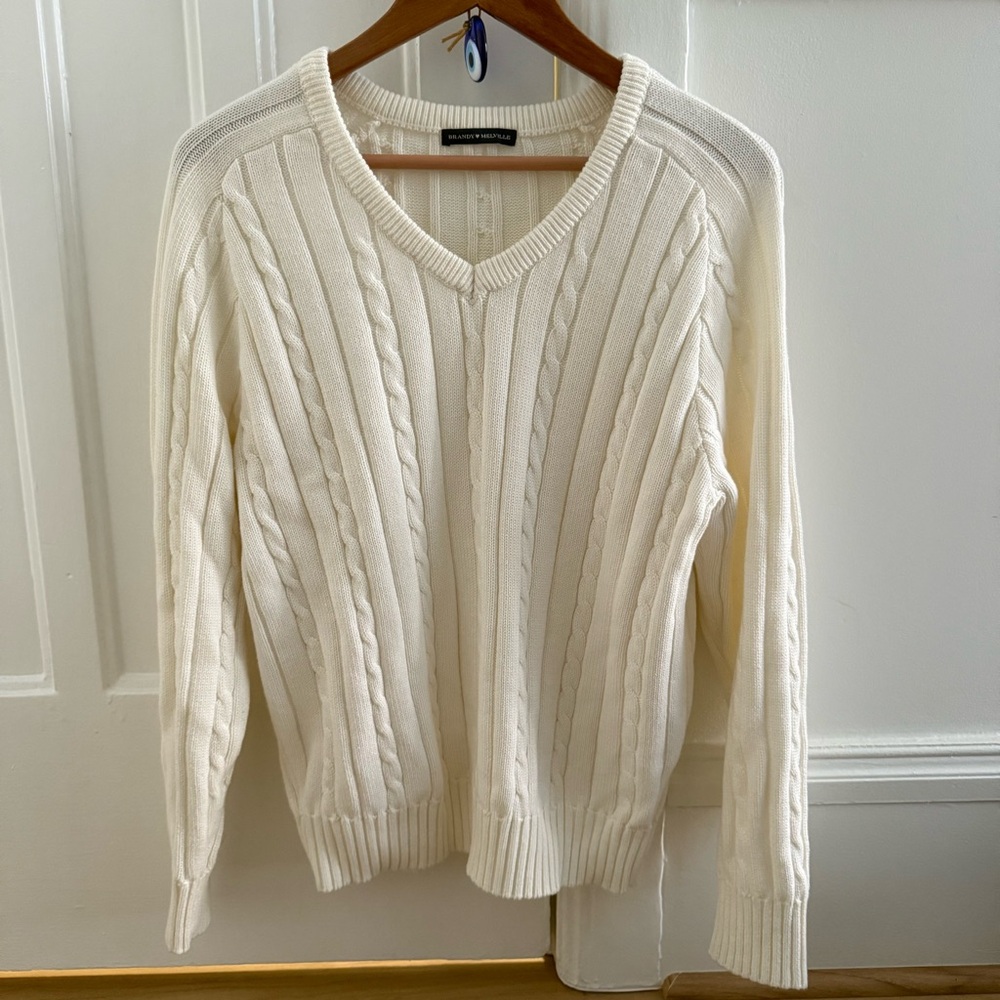 Brandy Melville Ida Cotton Blend Cable Knit Ivory V-Neck Oversized Sweater - Picture 4 of 7